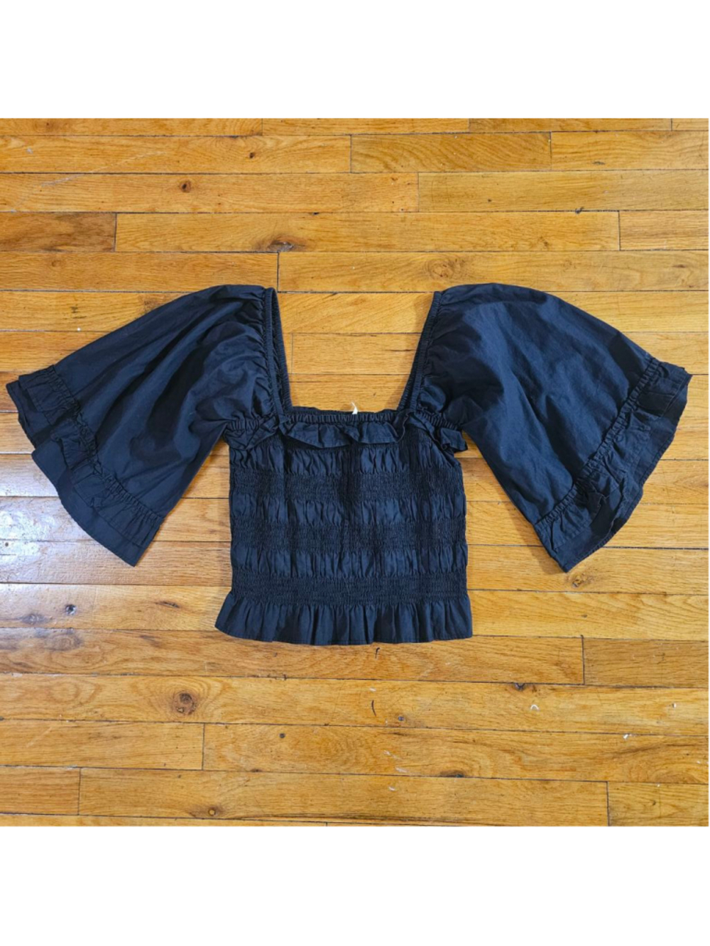 Free People Black Smocked Crop Top XS Ruffle Sleeve